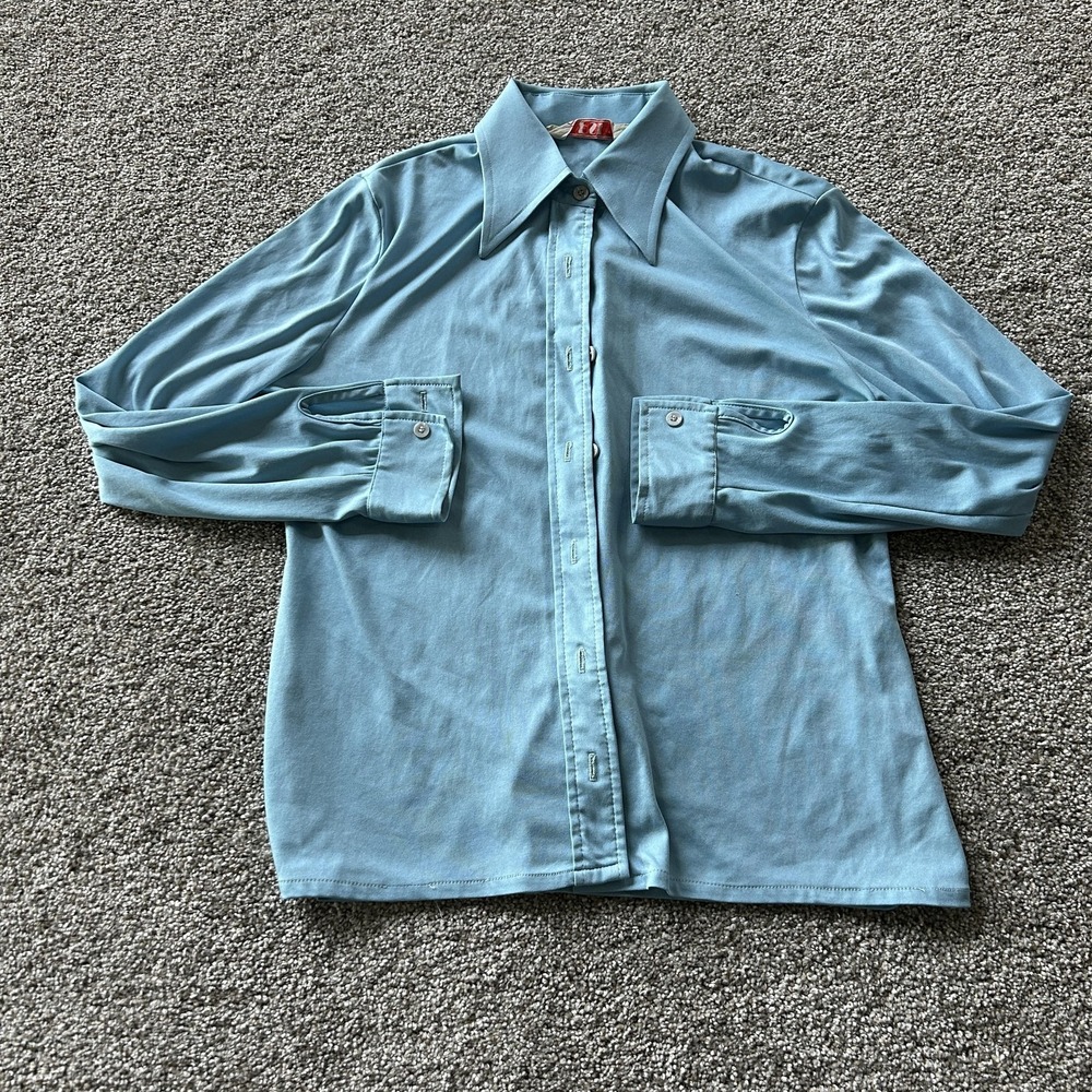 Vintage 70s PSI Dress Shirt Mens Medium Blue Satin Point Collar Long Sleeve